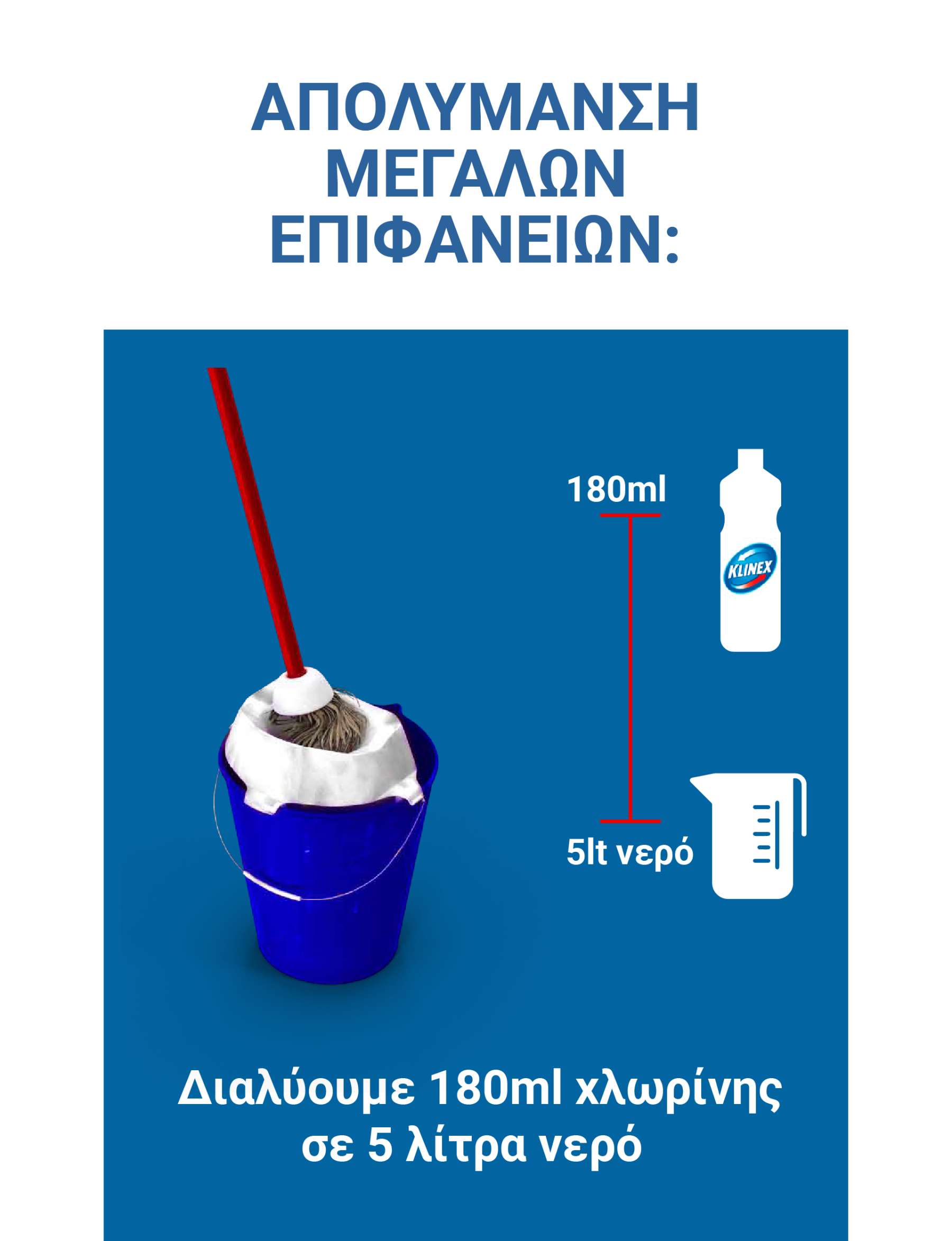 Διαλύουμε 180ml χλωρίνης σε 5 λίτρα νερό. Και για την απολύμανση μεγάλων επιφανειών διαλύουμε 180 ml χλωρίνης σε 5 λίτρα νερό. 